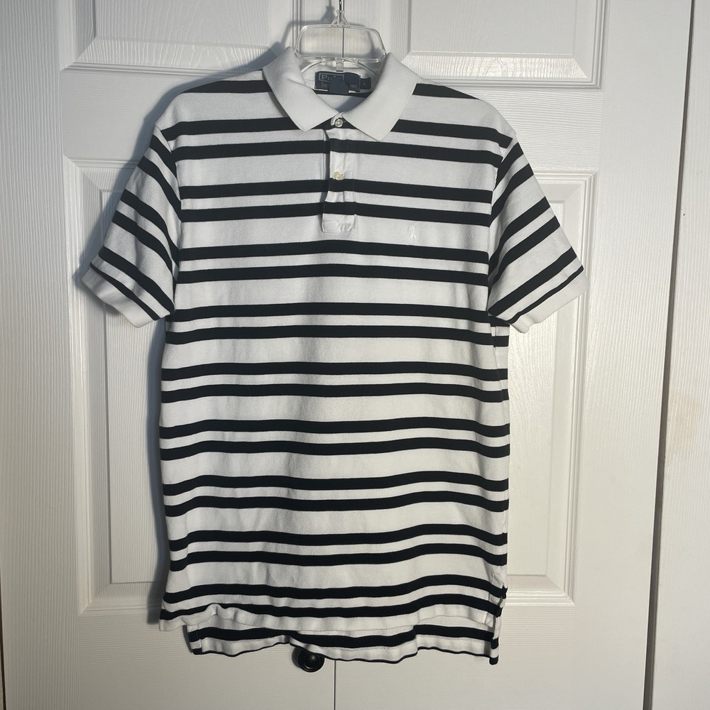 Vintage Polo Ralph Lauren Polo Shirt Men L Black White Striped‎ Y2K White Pony